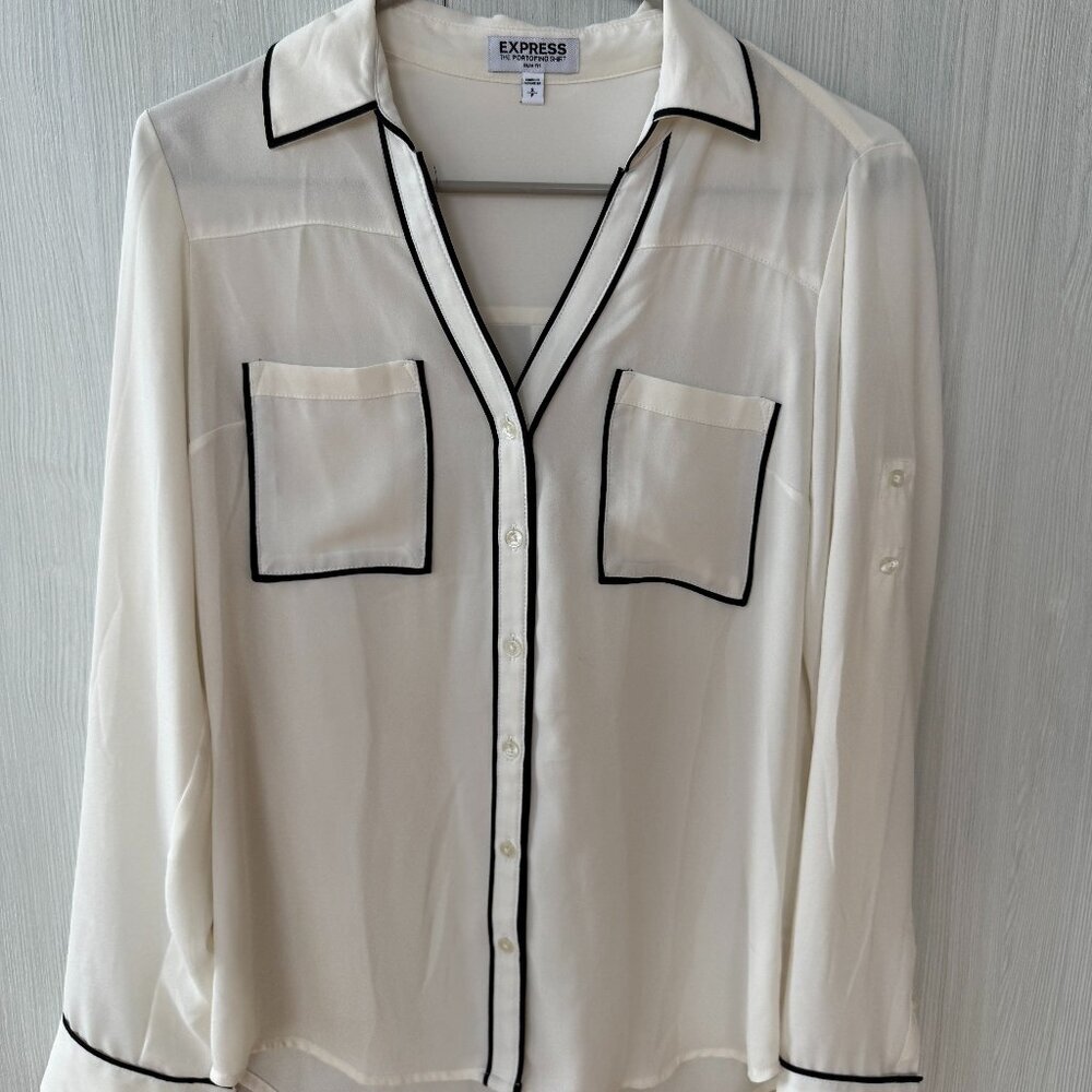 Express Ivory Button-Down Blouse with Black Piping